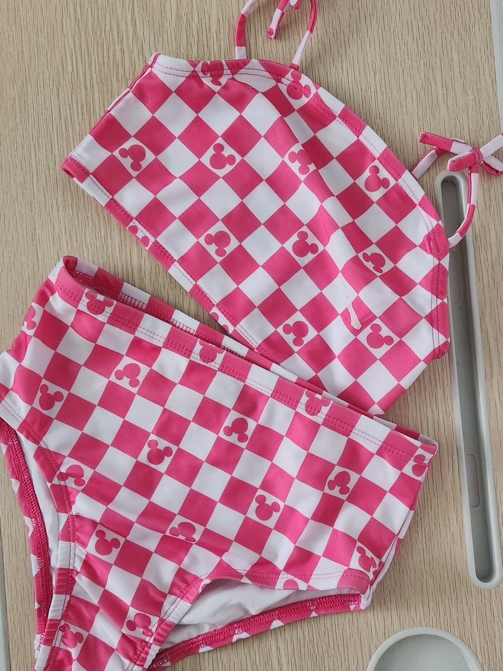 Disney Girls Pink and White Checkered Bikini Set with Mickey